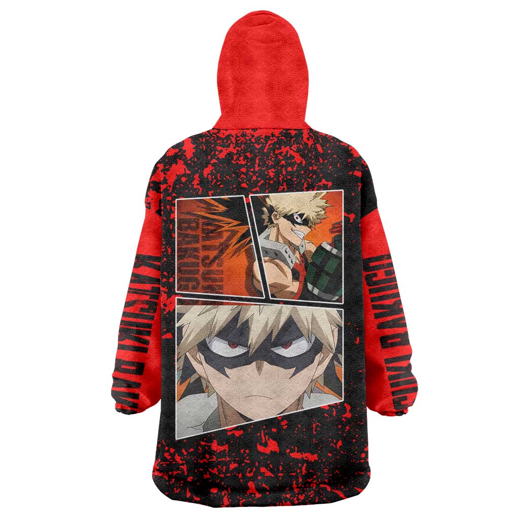 Katsuki Bakugo My Hero Academia Wearable Blanket Hoodie with Red Black Splatter and Explosive Battle Pose Anime Design - The Mazicc
