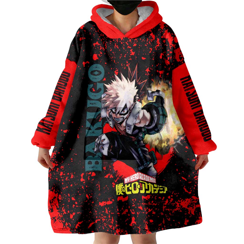 Katsuki Bakugo My Hero Academia Wearable Blanket Hoodie with Red Black Splatter and Explosive Battle Pose Anime Design - The Mazicc