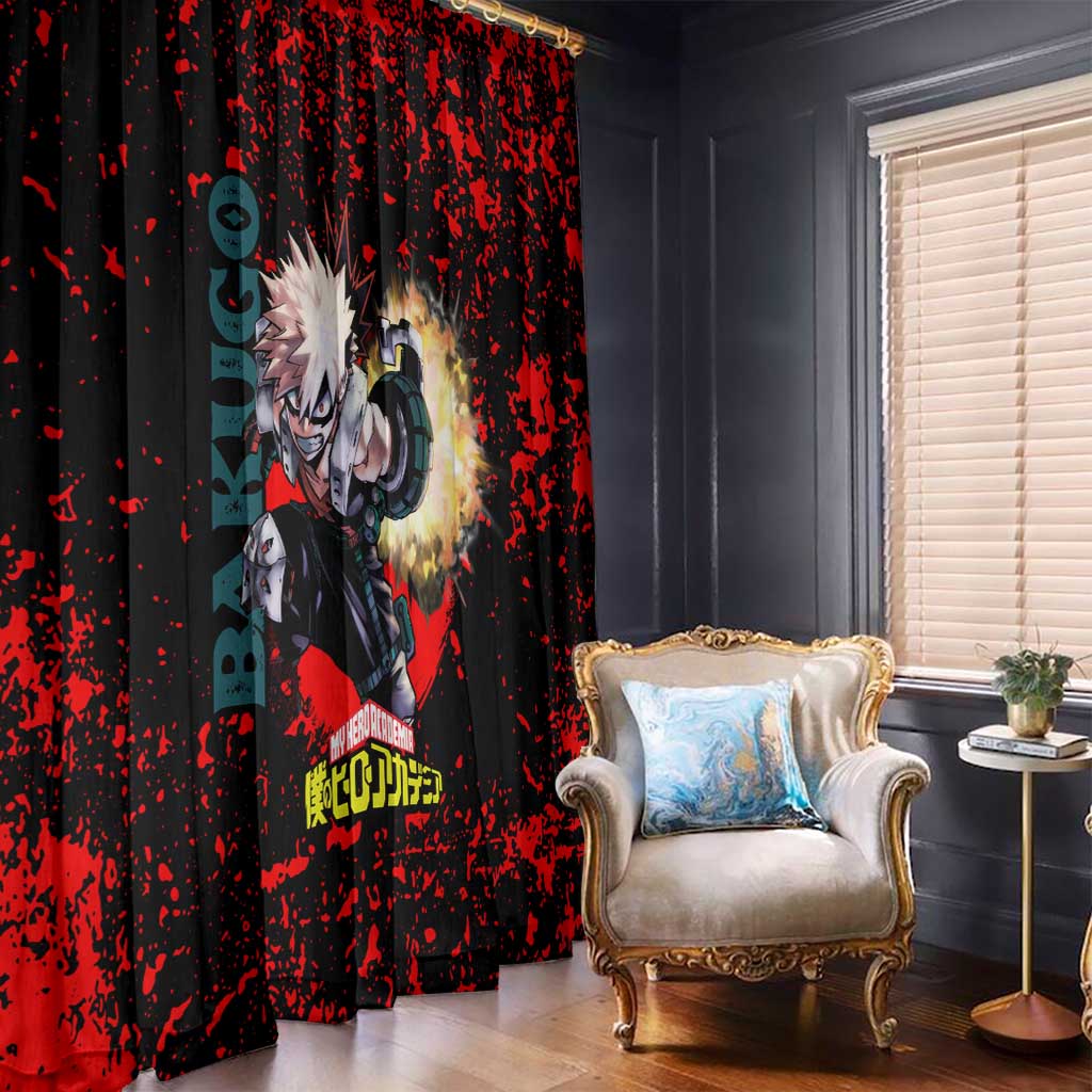 Katsuki Bakugo My Hero Academia Window Curtain with Red Black Splatter and Explosive Battle Pose Anime Design - The Mazicc