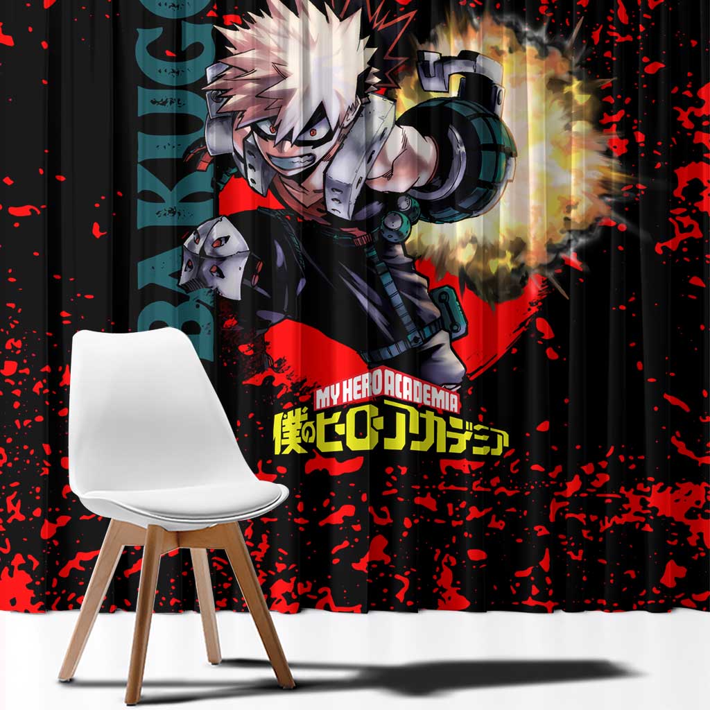 Katsuki Bakugo My Hero Academia Window Curtain with Red Black Splatter and Explosive Battle Pose Anime Design - The Mazicc