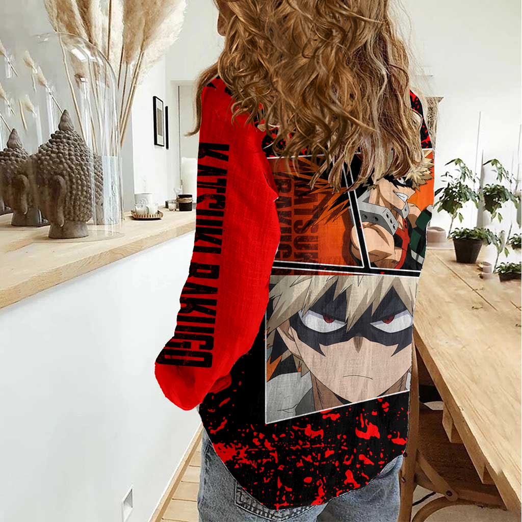 Katsuki Bakugo My Hero Academia Women Casual Shirt with Red Black Splatter and Explosive Battle Pose Anime Design - The Mazicc