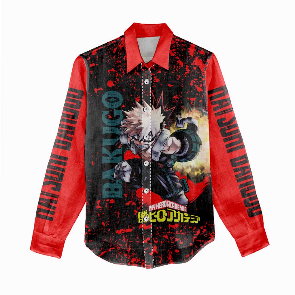 Katsuki Bakugo My Hero Academia Women Casual Shirt with Red Black Splatter and Explosive Battle Pose Anime Design - The Mazicc