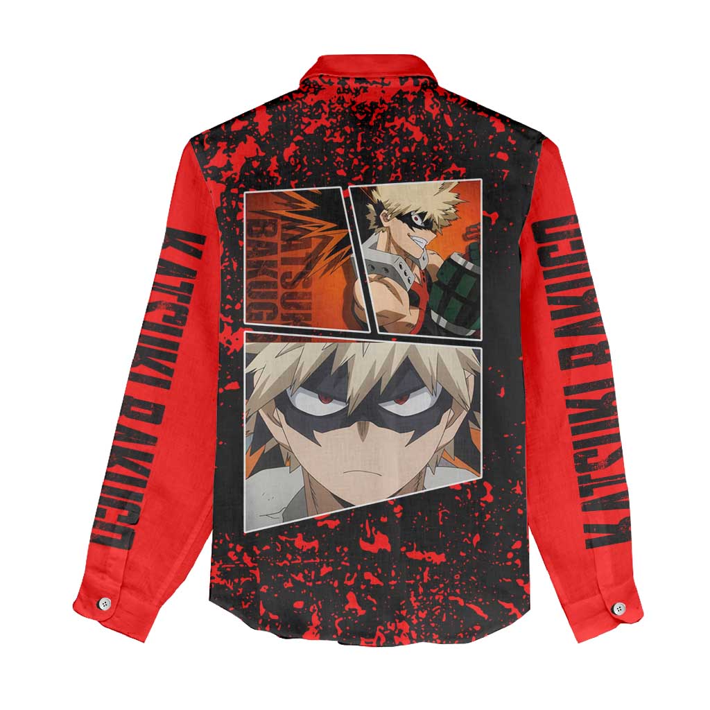 Katsuki Bakugo My Hero Academia Women Casual Shirt with Red Black Splatter and Explosive Battle Pose Anime Design - The Mazicc