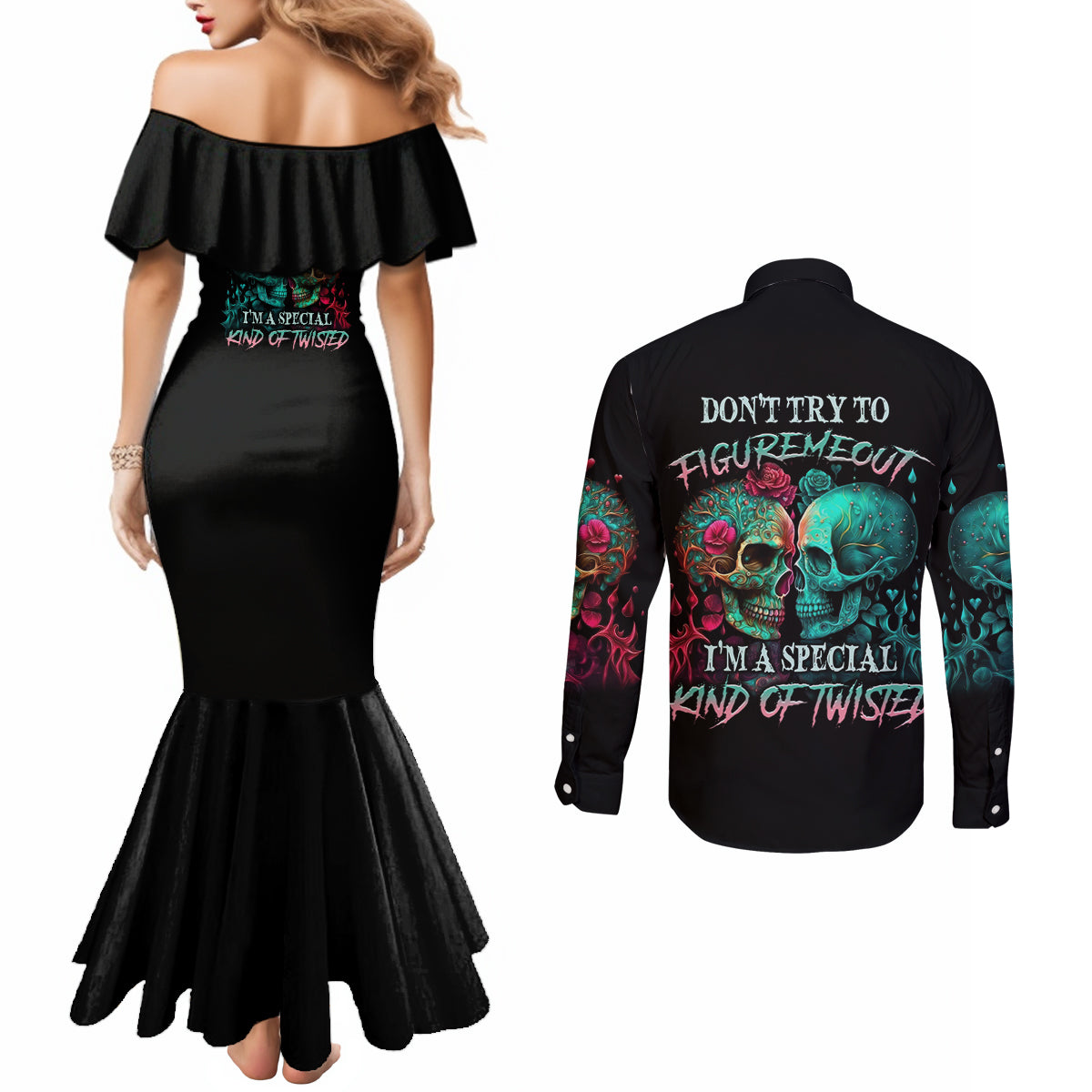 dont-try-to-figure-me-out-skull-couples-matching-mermaid-dress-and-long-sleeve-button-shirt