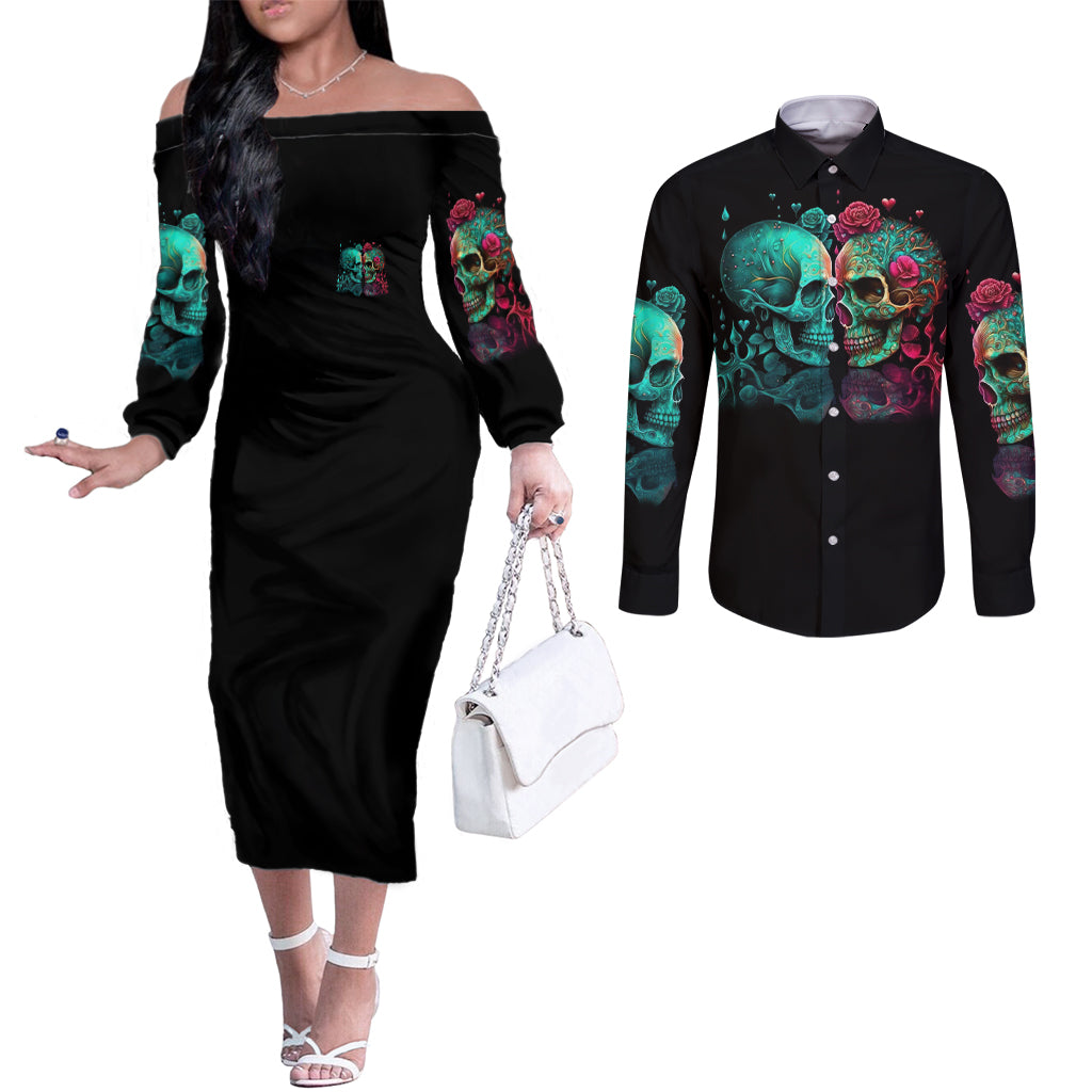 dont-try-to-figure-me-out-skull-couples-matching-off-the-shoulder-long-sleeve-dress-and-long-sleeve-button-shirt