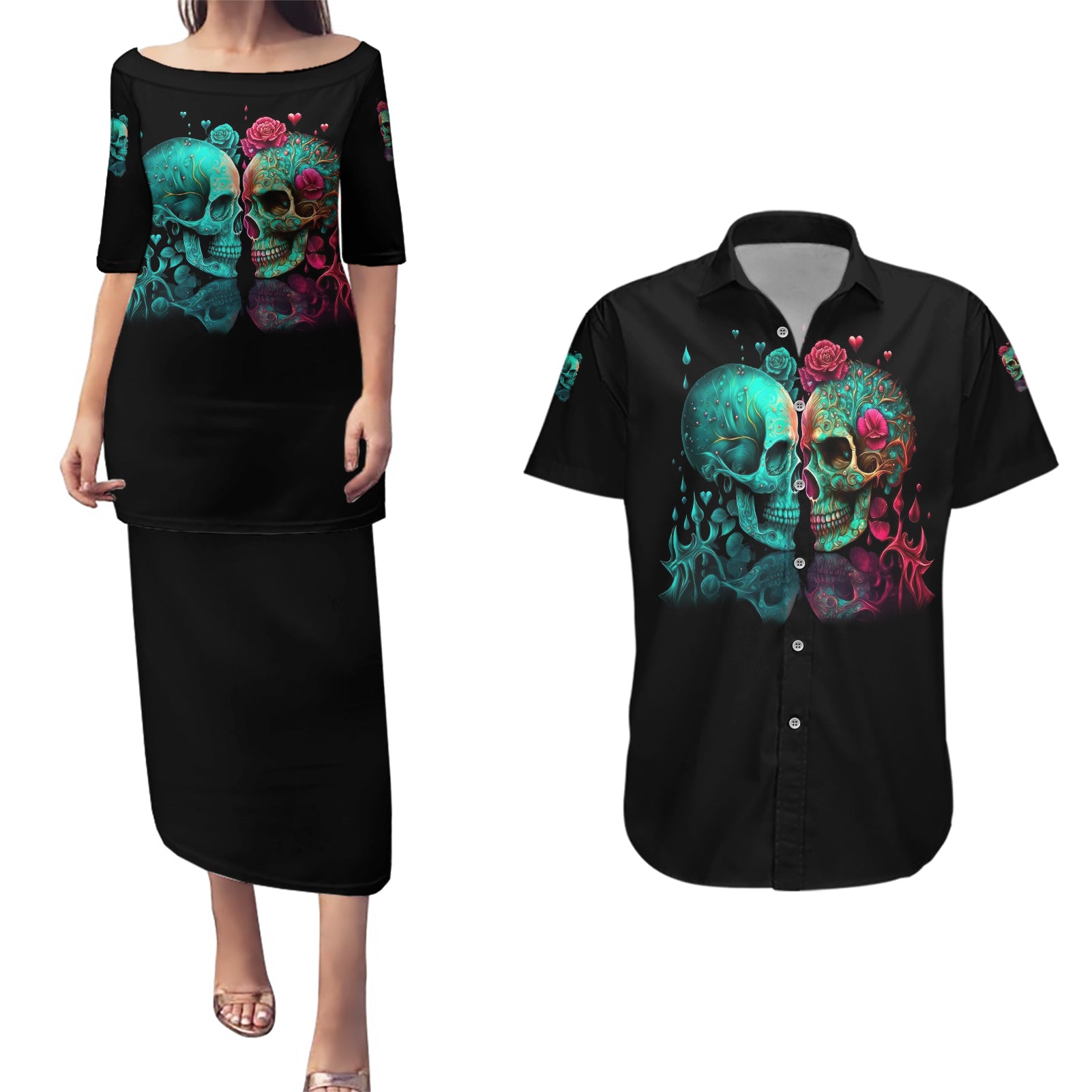 dont-try-to-figure-me-out-skull-couples-matching-puletasi-dress-and-hawaiian-shirt