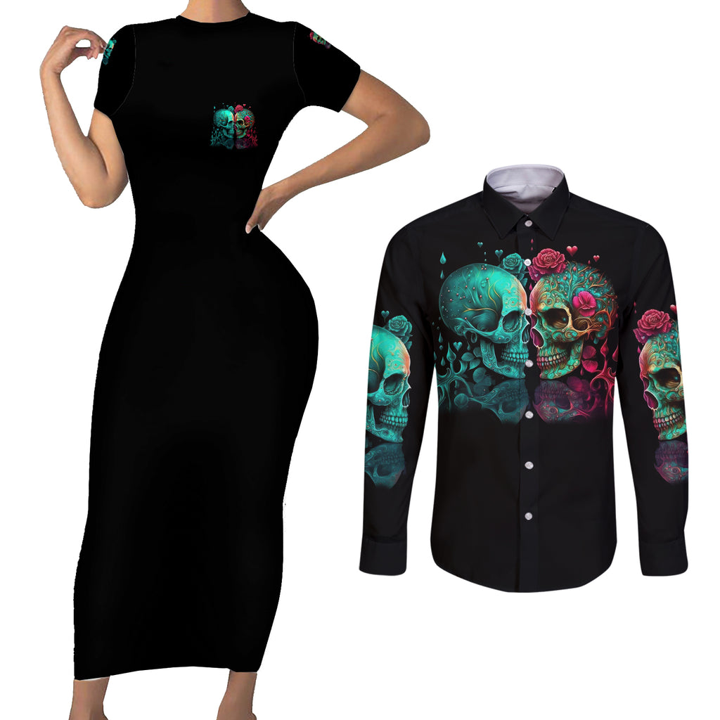 dont-try-to-figure-me-out-skull-couples-matching-short-sleeve-bodycon-dress-and-long-sleeve-button-shirt