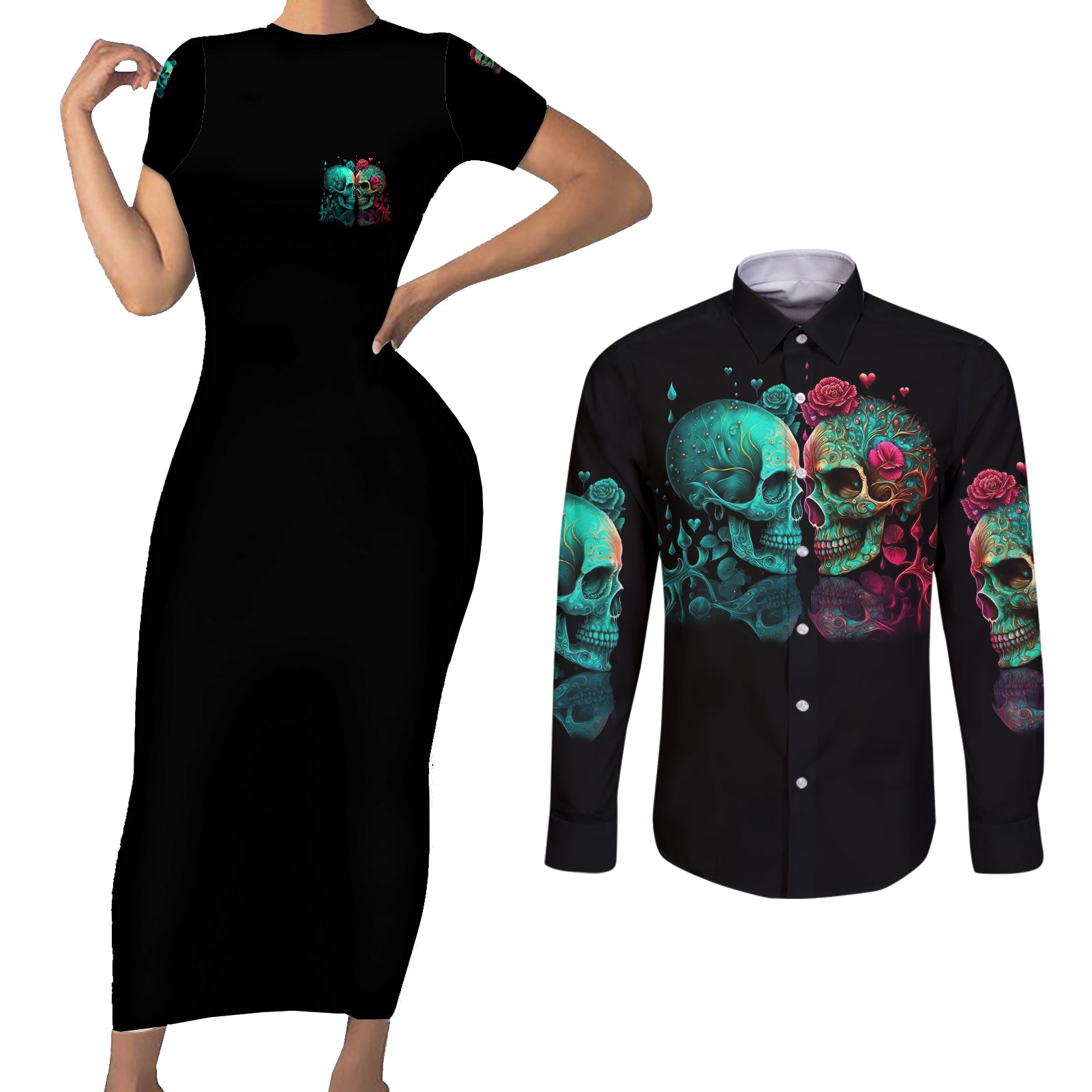 dont-try-to-figure-me-out-skull-couples-matching-short-sleeve-bodycon-dress-and-long-sleeve-button-shirt
