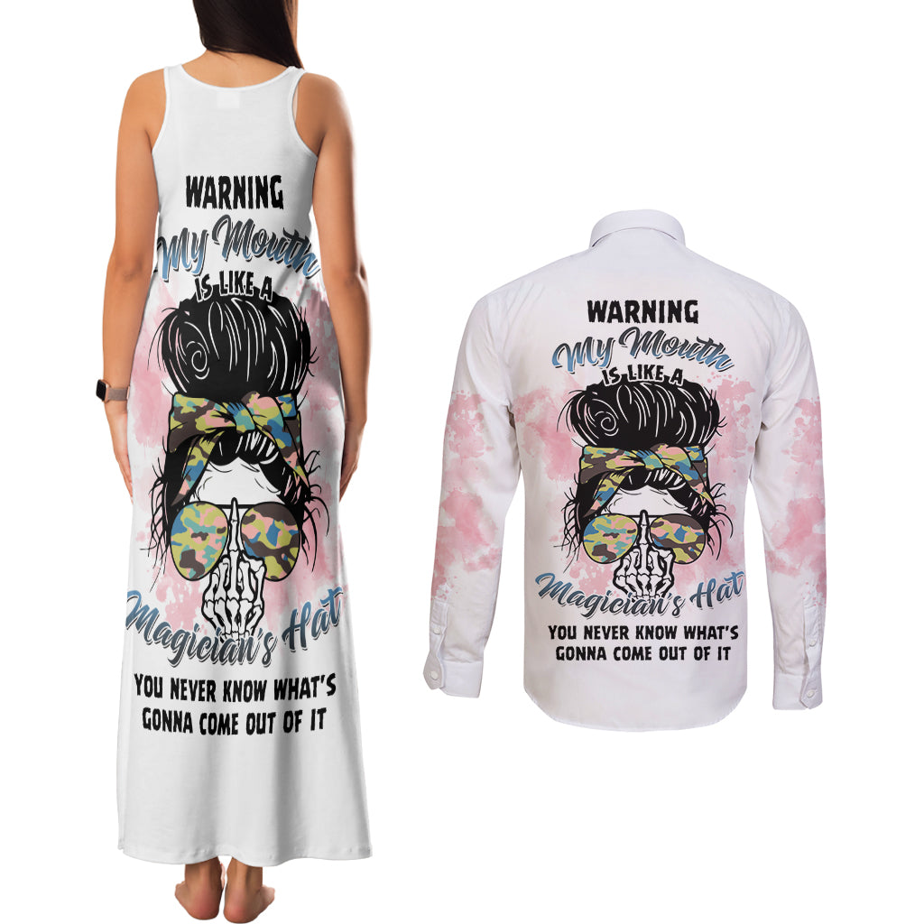 warning-my-mouth-messy-bun-couples-matching-tank-maxi-dress-and-long-sleeve-button-shirt