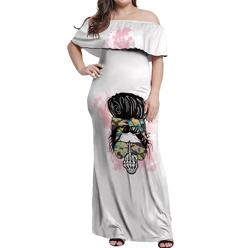 warning-my-mouth-messy-bun-off-shoulder-maxi-dress