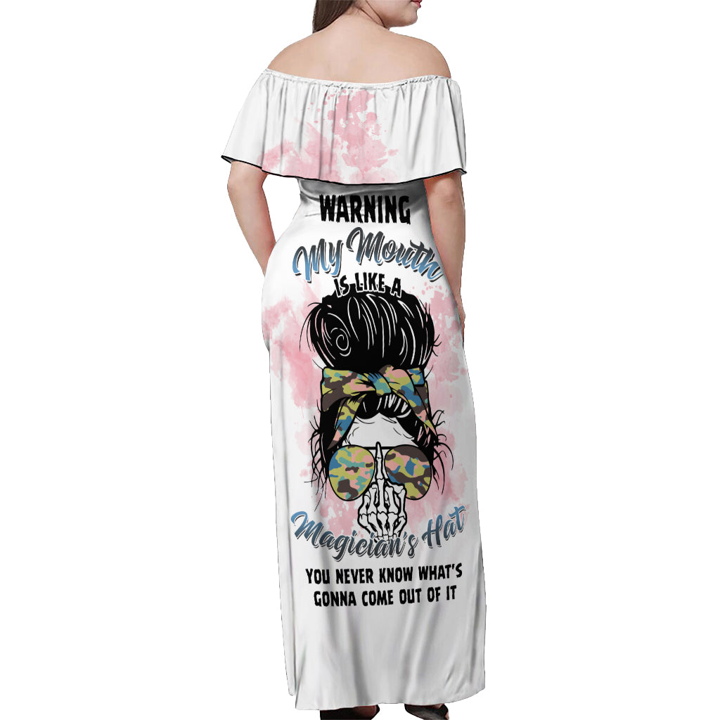 warning-my-mouth-messy-bun-off-shoulder-maxi-dress