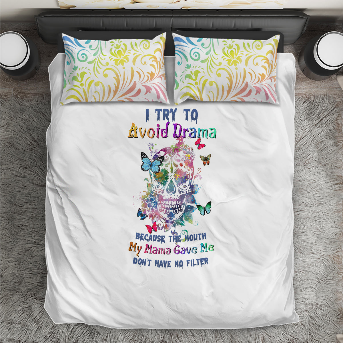 i-try-to-avoid-drama-sugar-skull-colorful-bedding-set