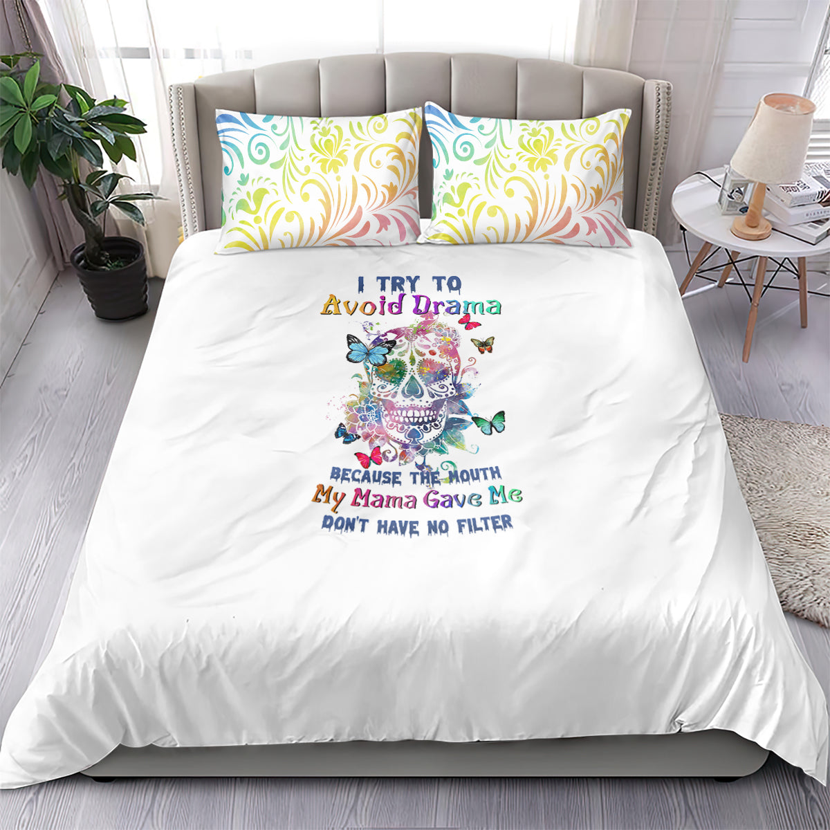i-try-to-avoid-drama-sugar-skull-colorful-bedding-set