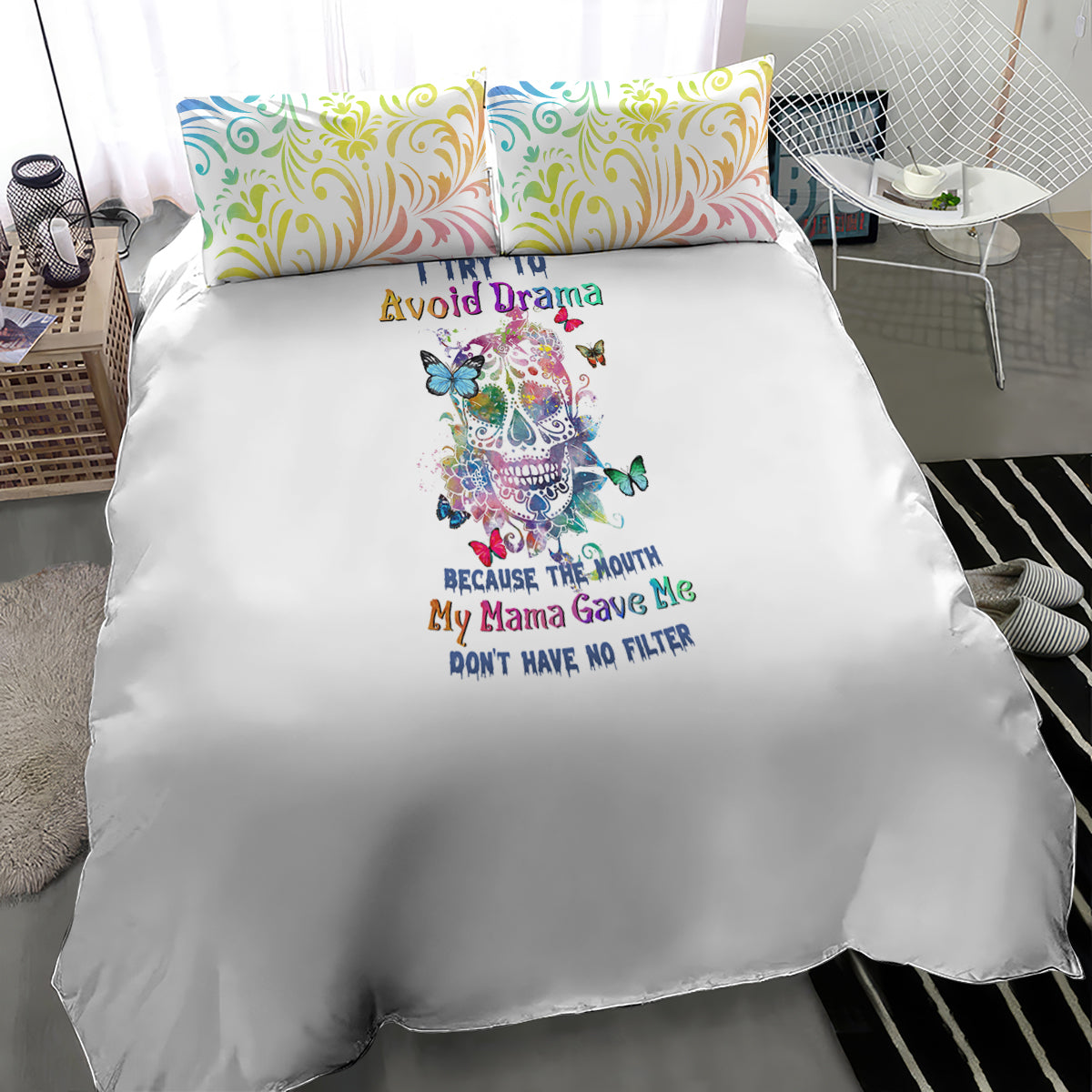 i-try-to-avoid-drama-sugar-skull-colorful-bedding-set