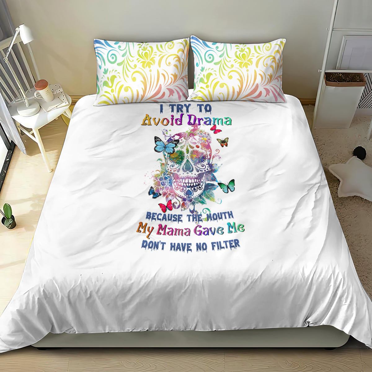 i-try-to-avoid-drama-sugar-skull-colorful-bedding-set