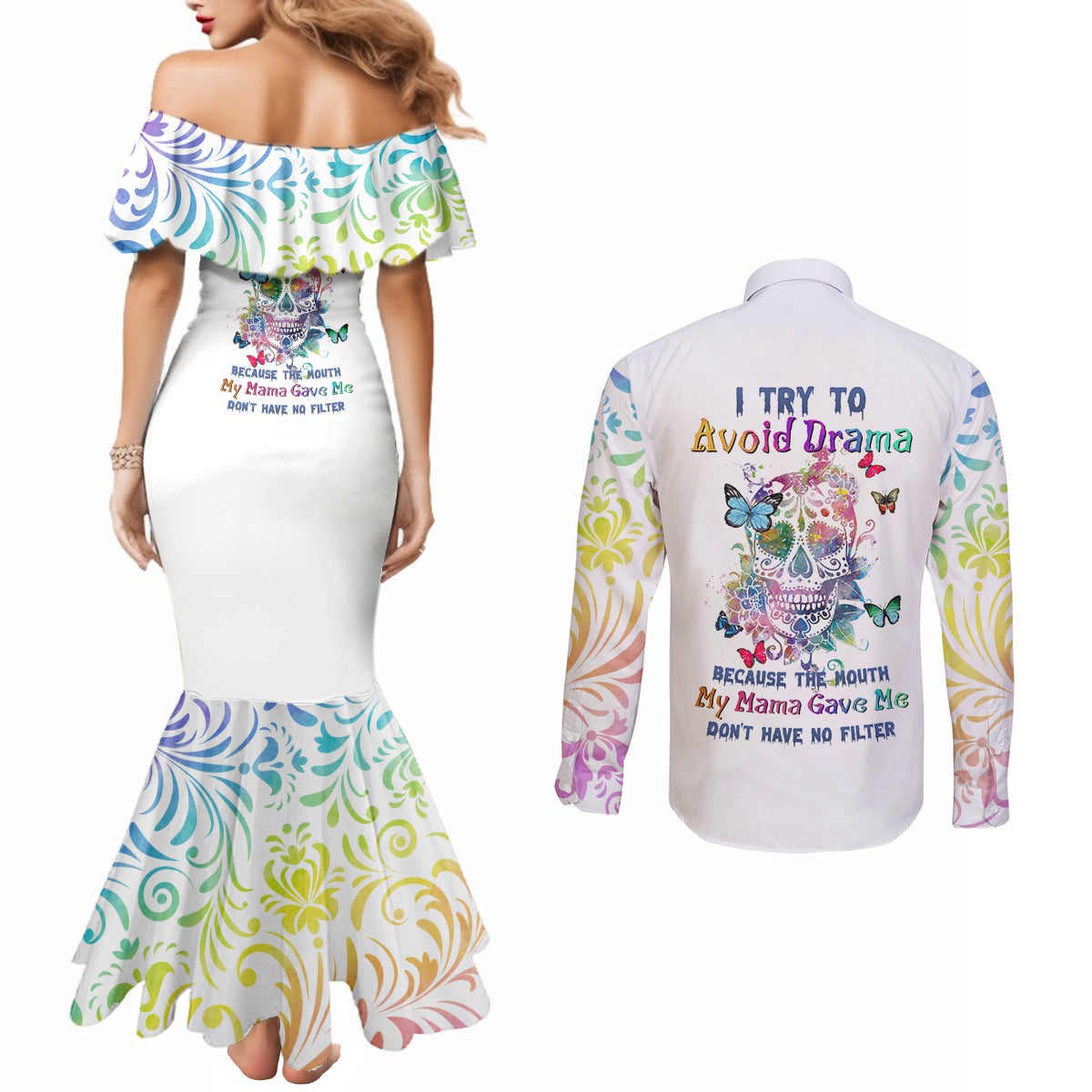 i-try-to-avoid-drama-sugar-skull-colorful-couples-matching-mermaid-dress-and-long-sleeve-button-shirt
