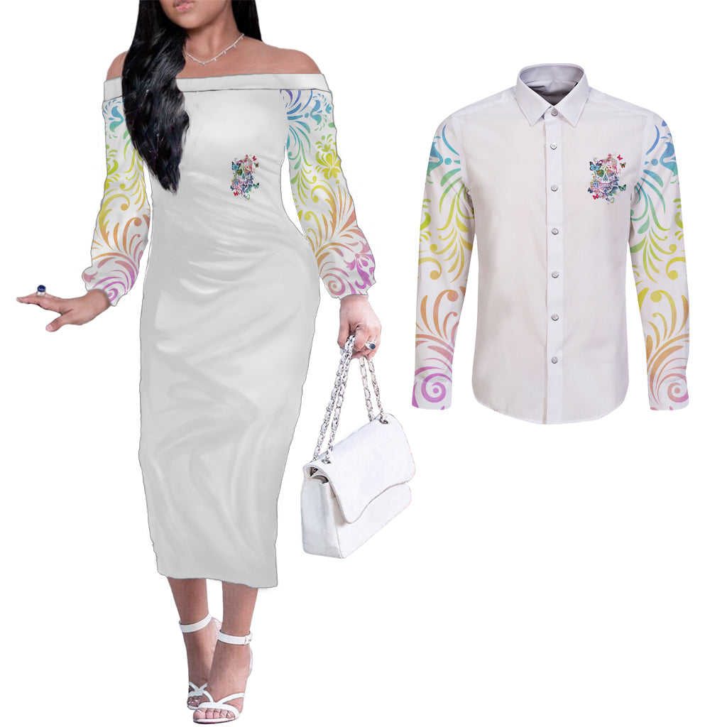 i-try-to-avoid-drama-sugar-skull-colorful-couples-matching-off-the-shoulder-long-sleeve-dress-and-long-sleeve-button-shirt