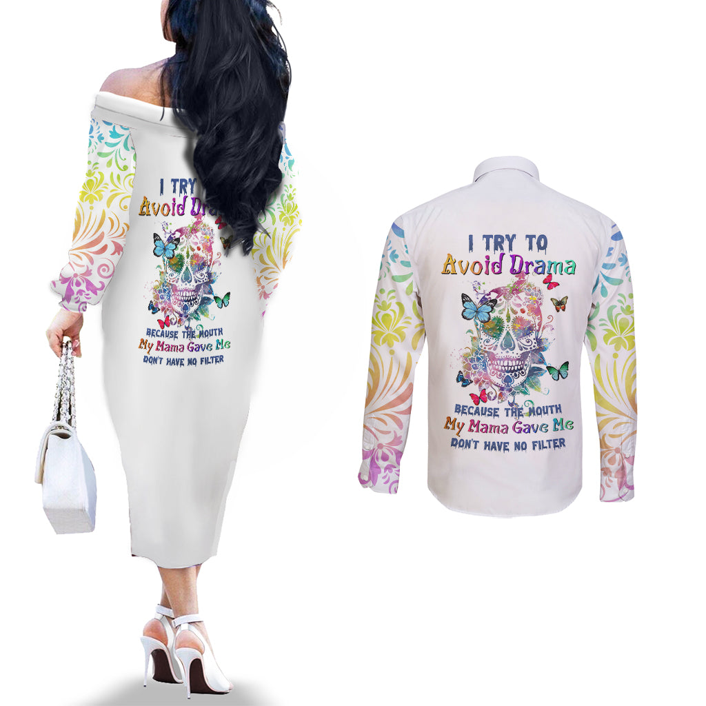 i-try-to-avoid-drama-sugar-skull-colorful-couples-matching-off-the-shoulder-long-sleeve-dress-and-long-sleeve-button-shirt