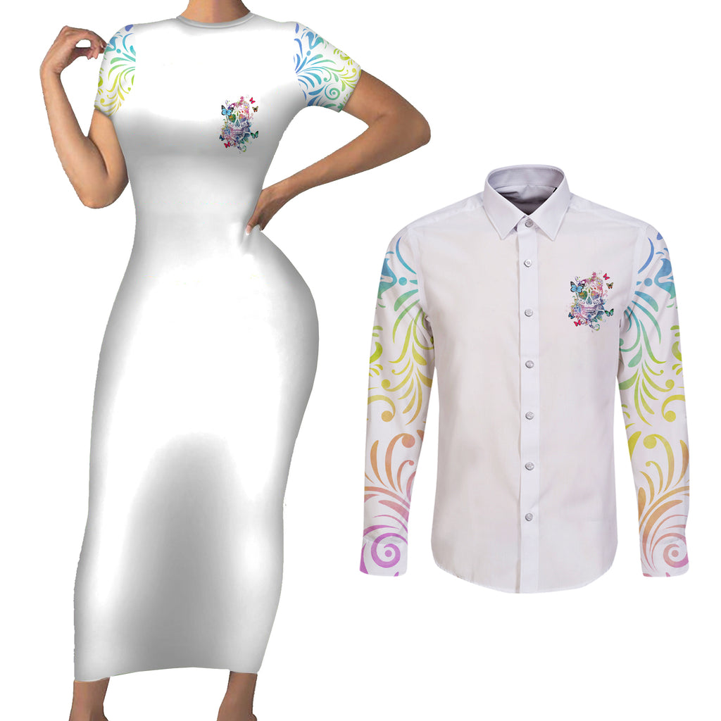 i-try-to-avoid-drama-sugar-skull-colorful-couples-matching-short-sleeve-bodycon-dress-and-long-sleeve-button-shirt