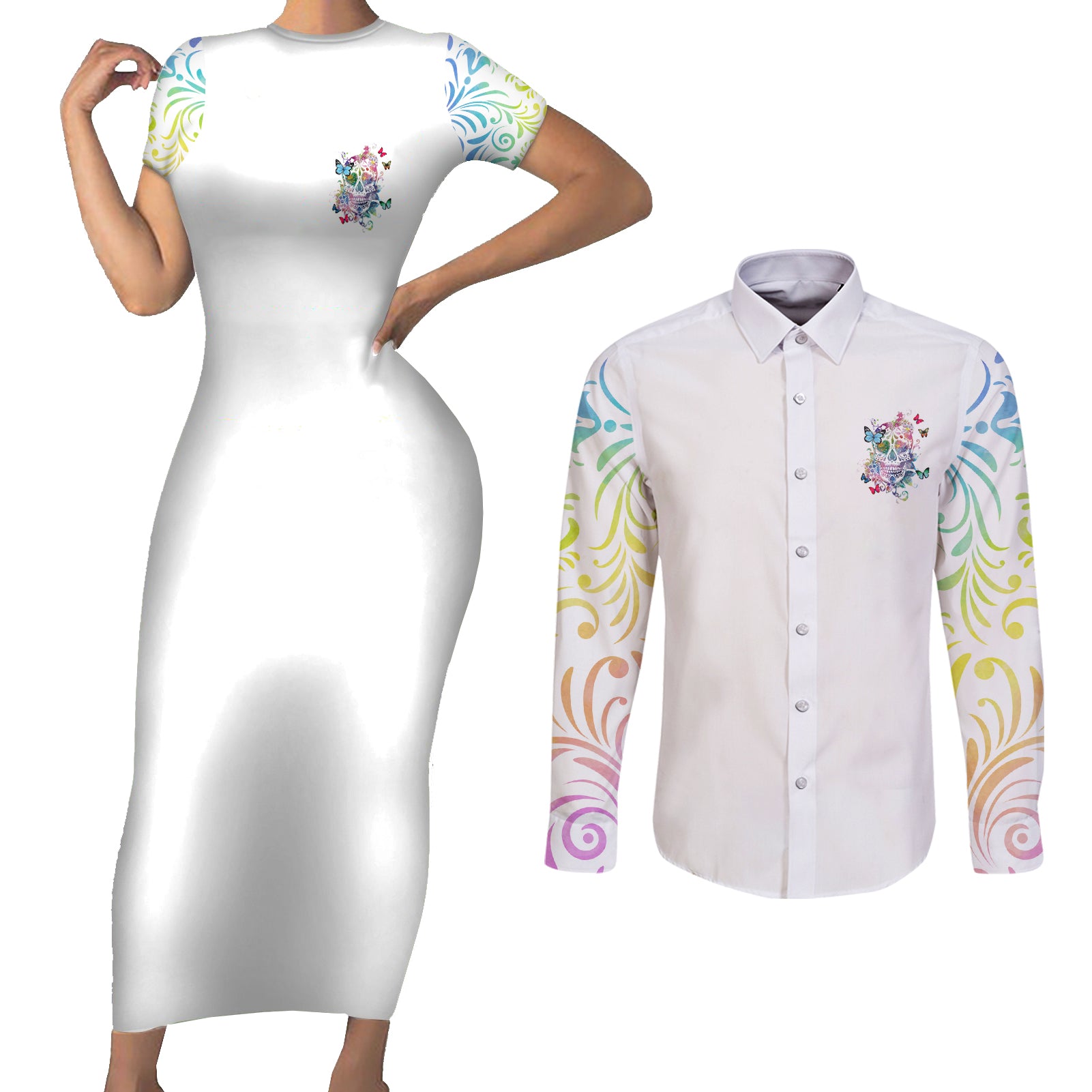 i-try-to-avoid-drama-sugar-skull-colorful-couples-matching-short-sleeve-bodycon-dress-and-long-sleeve-button-shirt