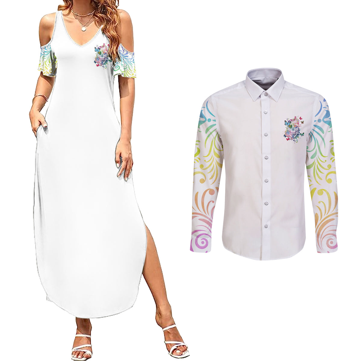 i-try-to-avoid-drama-sugar-skull-colorful-couples-matching-summer-maxi-dress-and-long-sleeve-button-shirt