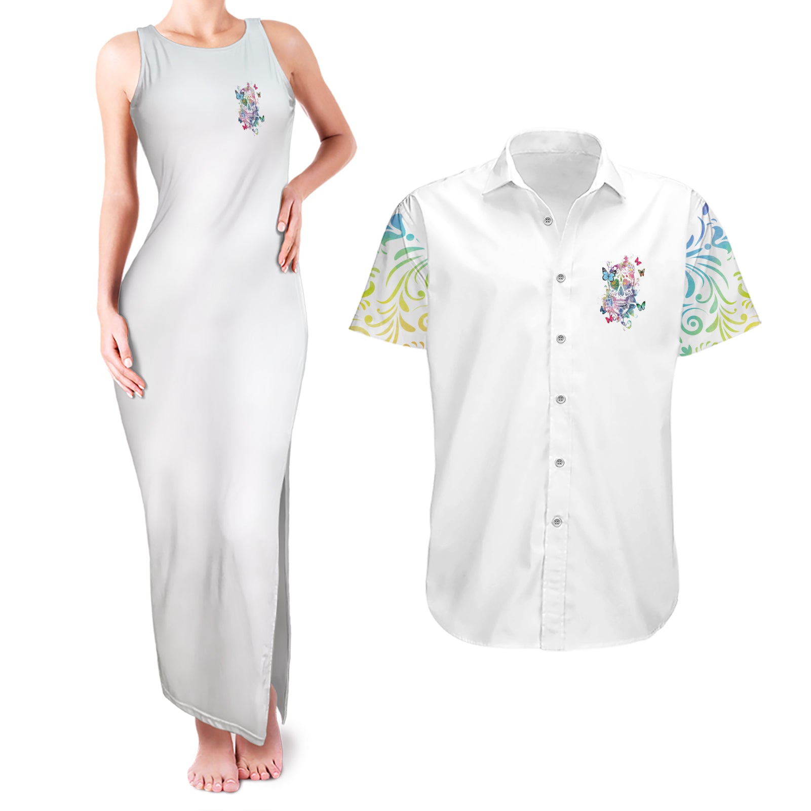 i-try-to-avoid-drama-sugar-skull-colorful-couples-matching-tank-maxi-dress-and-hawaiian-shirt