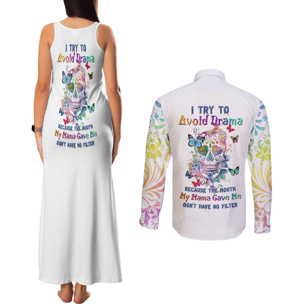i-try-to-avoid-drama-sugar-skull-colorful-couples-matching-tank-maxi-dress-and-long-sleeve-button-shirt