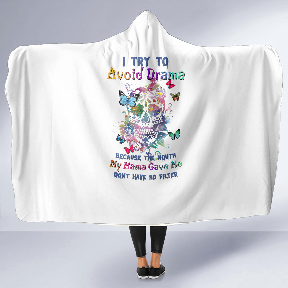 i-try-to-avoid-drama-sugar-skull-colorful-hooded-blanket