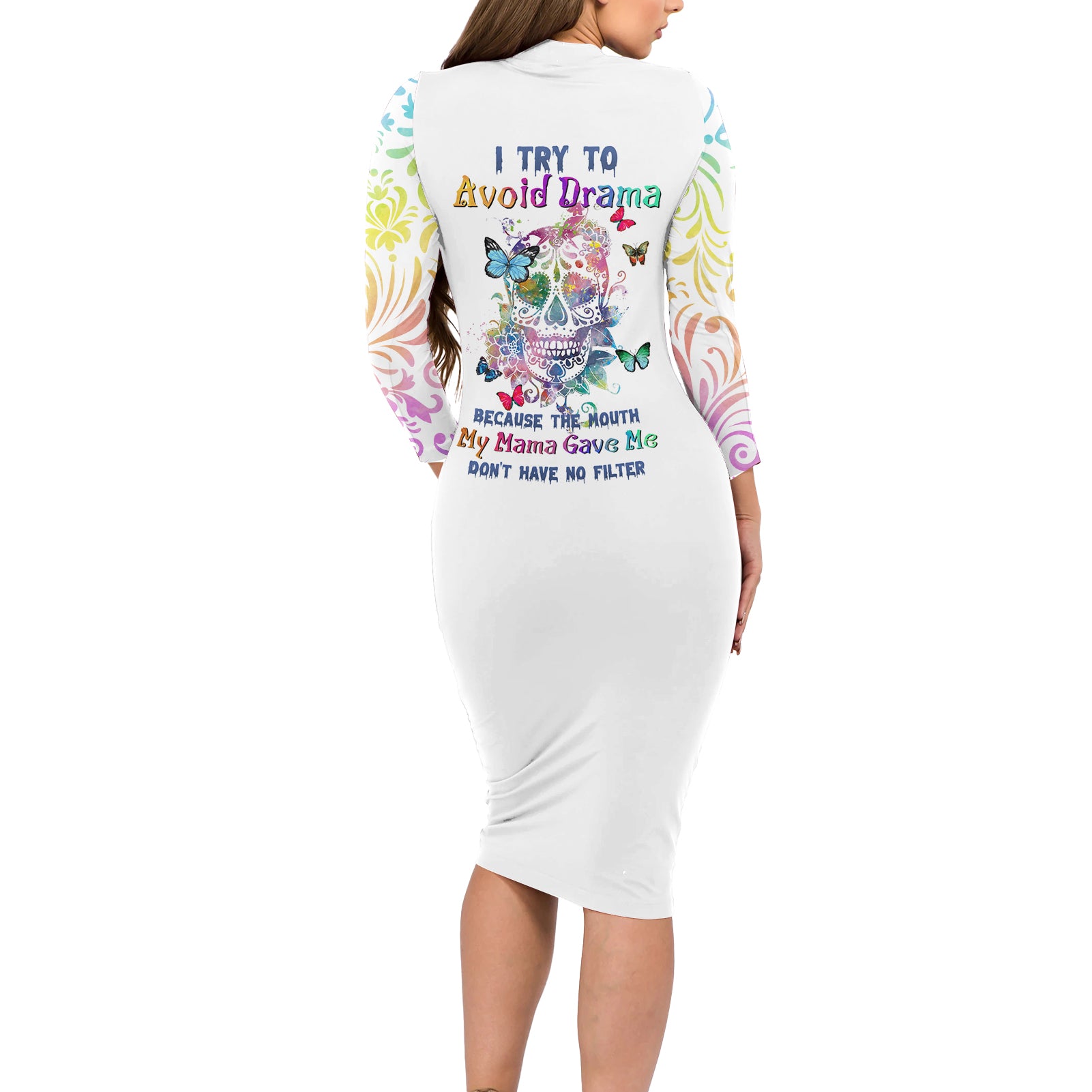 i-try-to-avoid-drama-sugar-skull-colorful-long-sleeve-bodycon-dress