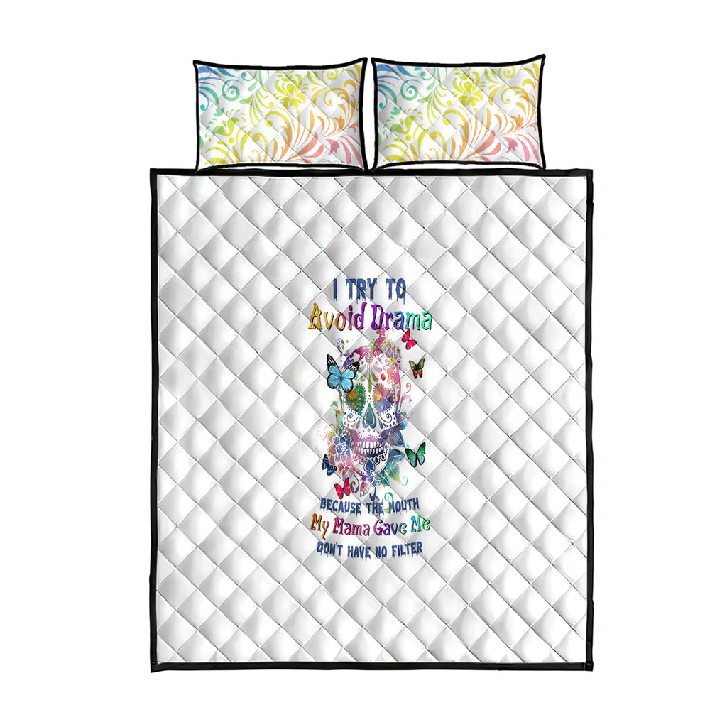 i-try-to-avoid-drama-sugar-skull-colorful-quilt-bed-set
