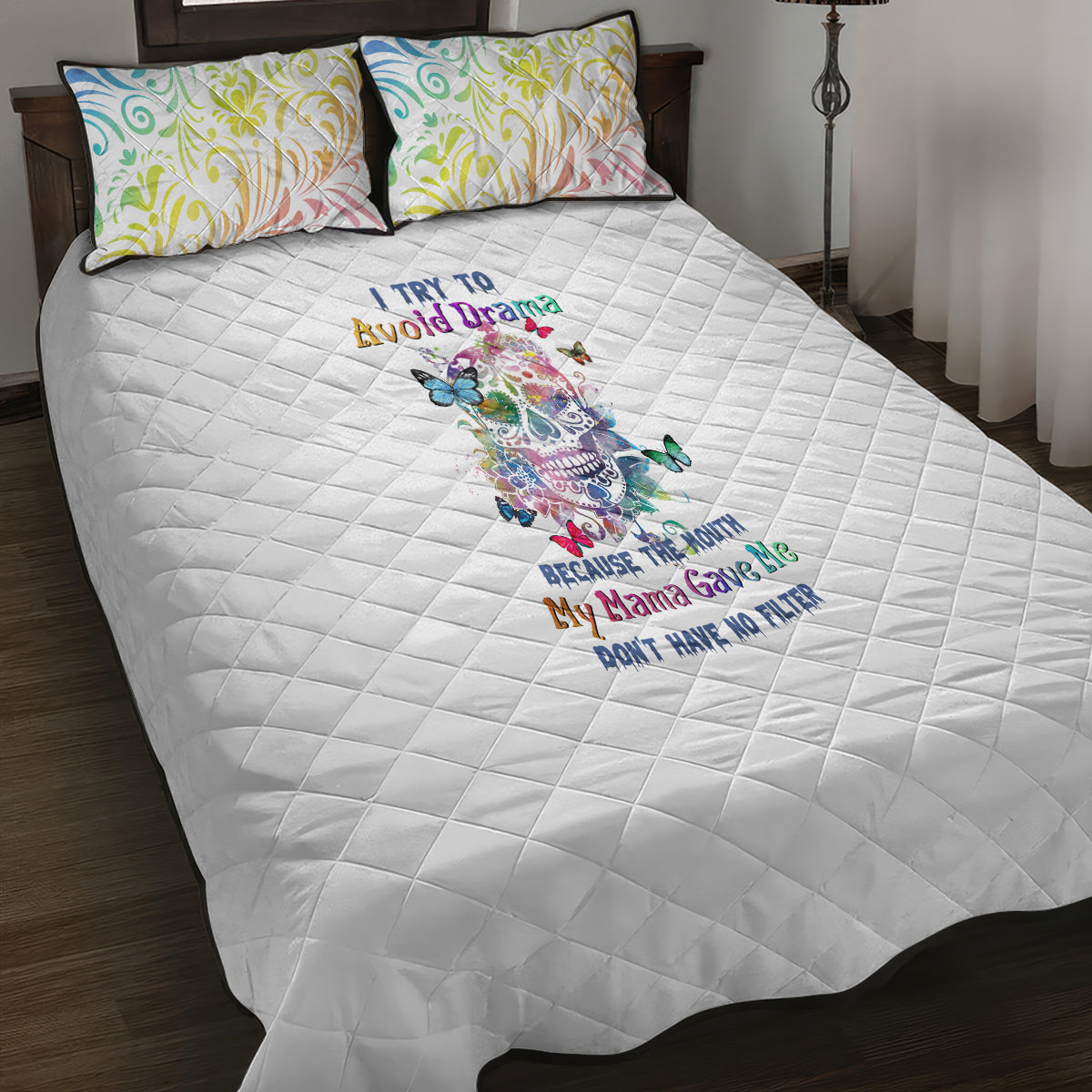 i-try-to-avoid-drama-sugar-skull-colorful-quilt-bed-set