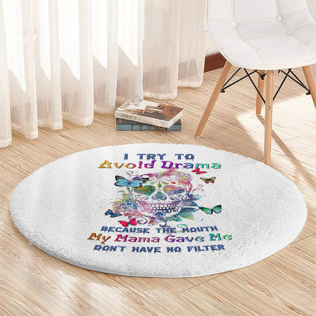 i-try-to-avoid-drama-sugar-skull-colorful-round-carpet