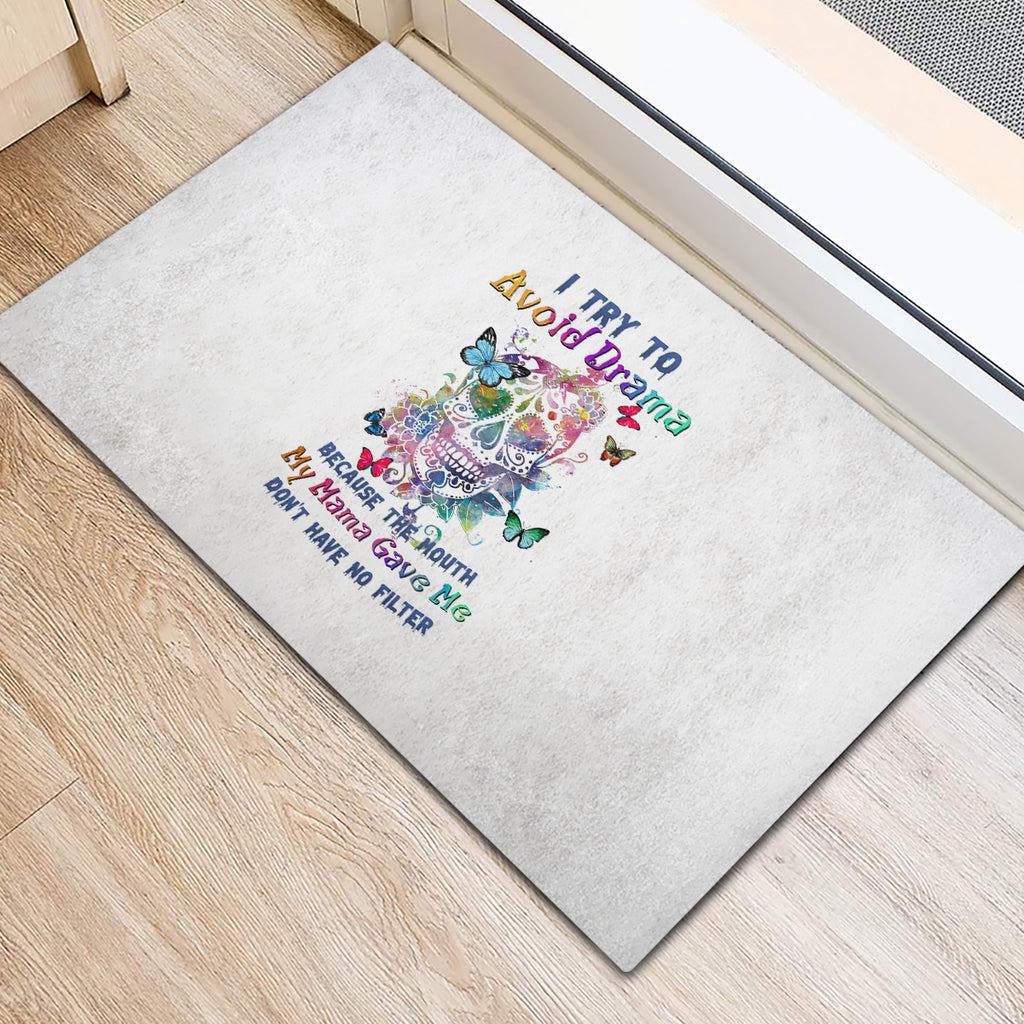 i-try-to-avoid-drama-sugar-skull-colorful-rubber-doormat