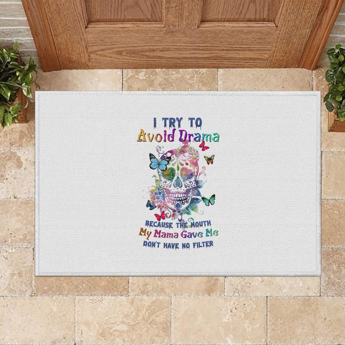 i-try-to-avoid-drama-sugar-skull-colorful-rubber-doormat