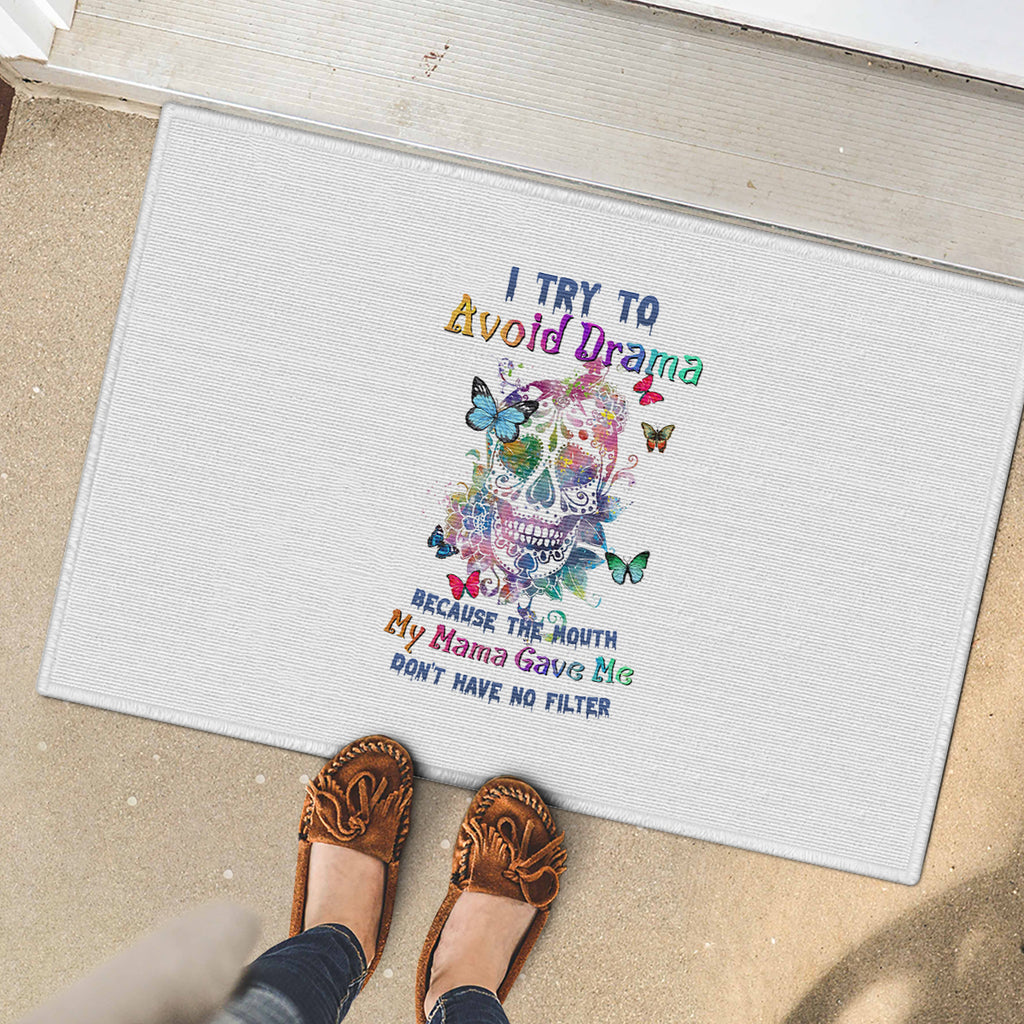 i-try-to-avoid-drama-sugar-skull-colorful-rubber-doormat