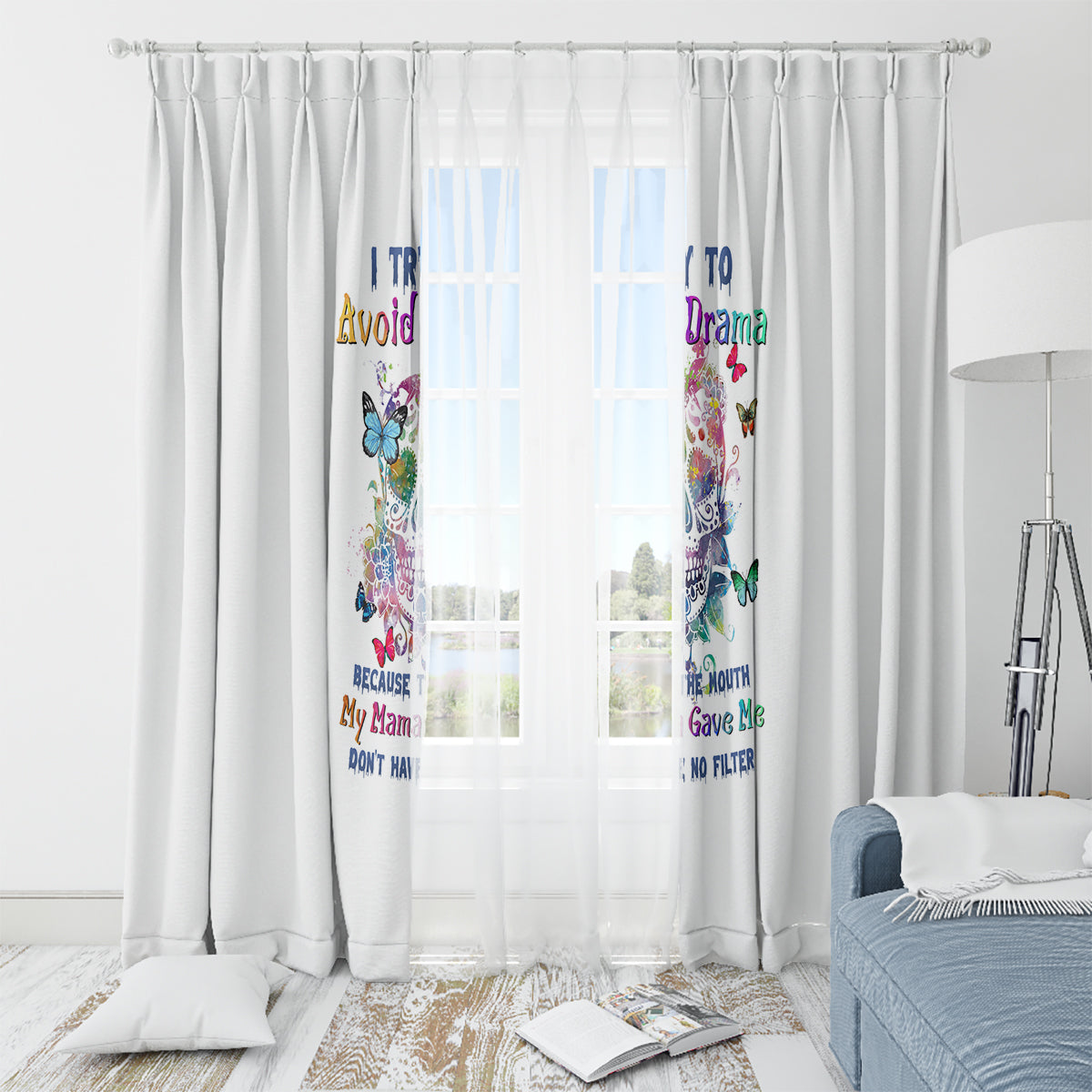 i-try-to-avoid-drama-sugar-skull-colorful-window-curtain