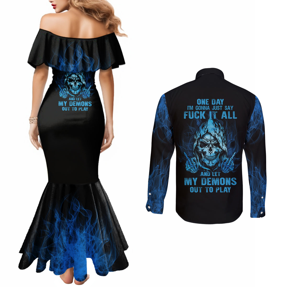 my-demons-out-to-play-skull-couples-matching-mermaid-dress-and-long-sleeve-button-shirt