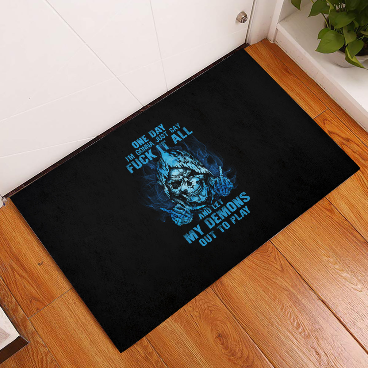 my-demons-out-to-play-skull-rubber-doormat