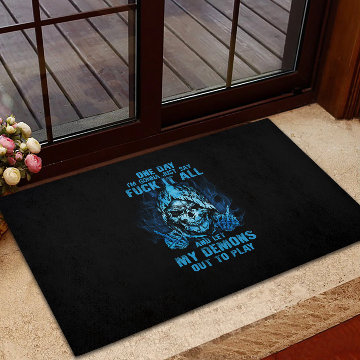 my-demons-out-to-play-skull-rubber-doormat