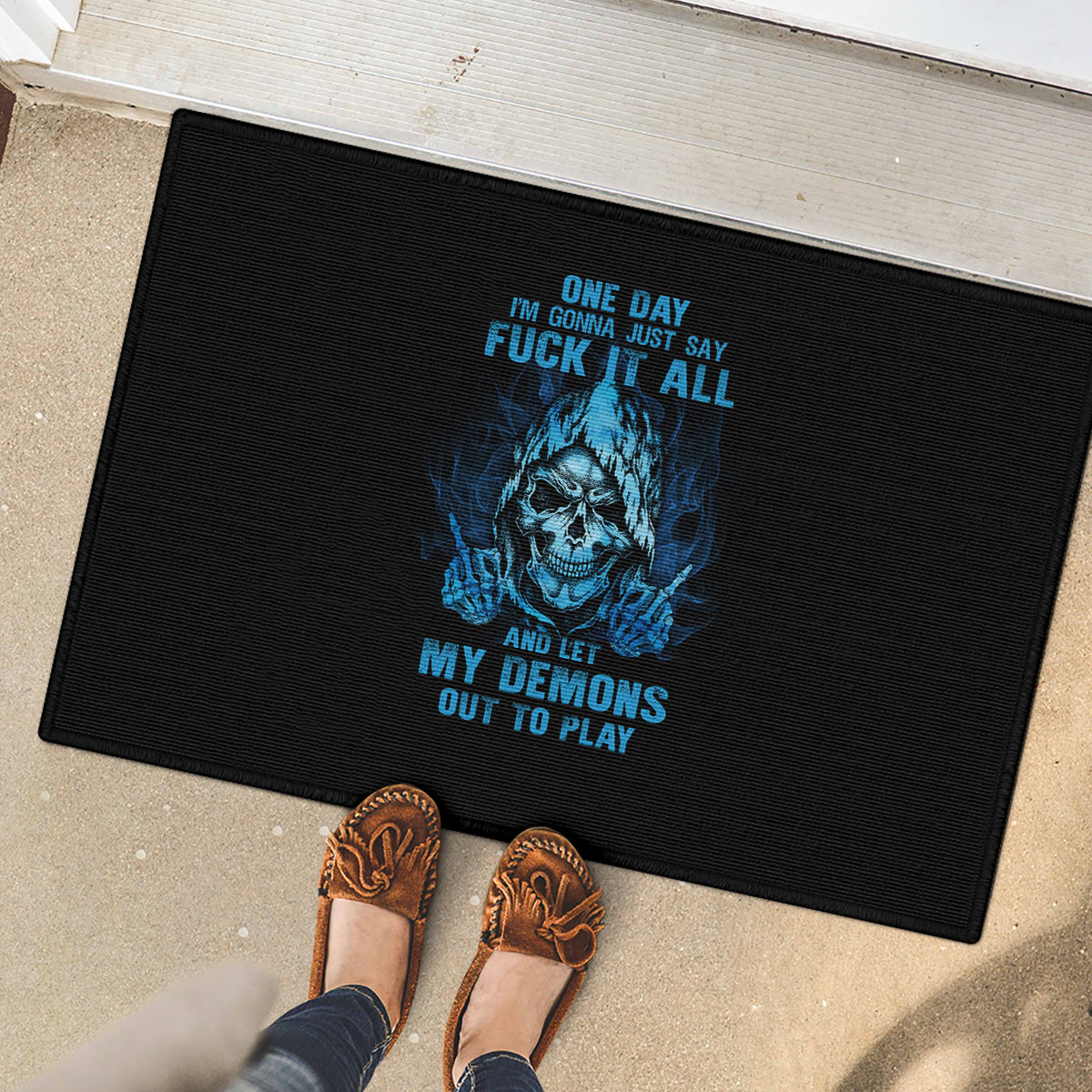 my-demons-out-to-play-skull-rubber-doormat