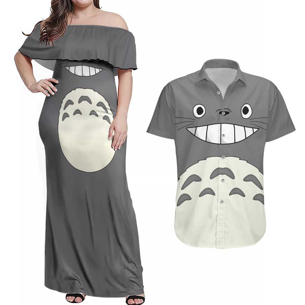 Totoro - My Neighbor Totoro Couples Matching Off Shoulder Maxi Dress and Hawaiian Shirt Anime Style