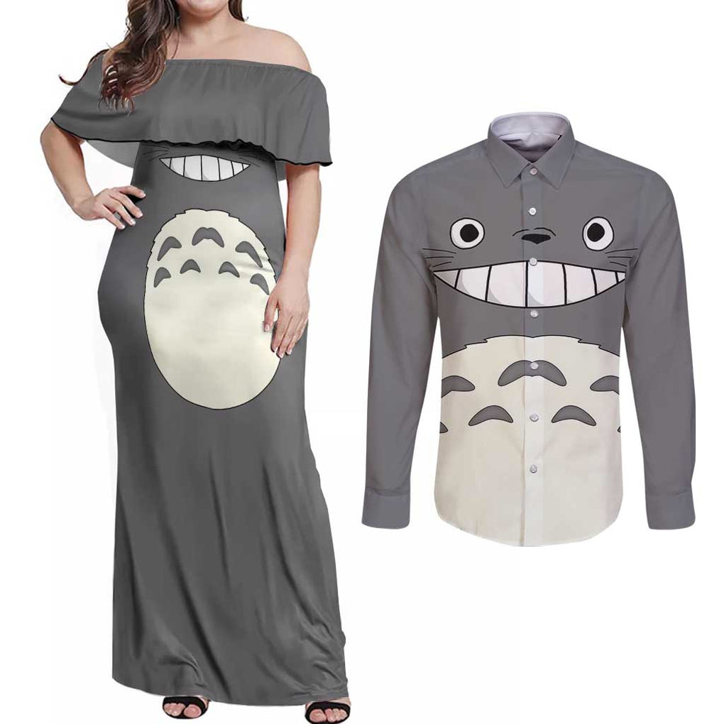 Totoro - My Neighbor Totoro Couples Matching Off Shoulder Maxi Dress and Long Sleeve Button Shirt Anime Style