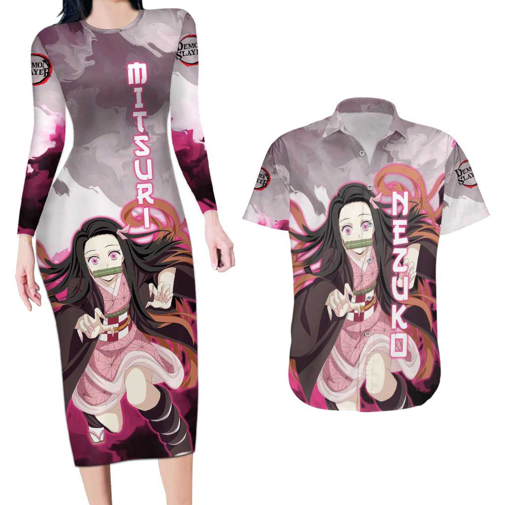 Nezuko - Demon Slayer Couples Matching Long Sleeve Bodycon Dress and Hawaiian Shirt Anime Style