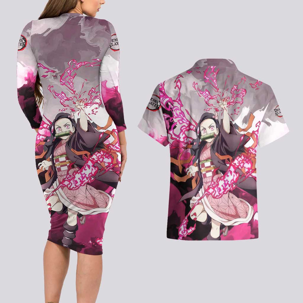 Nezuko - Demon Slayer Couples Matching Long Sleeve Bodycon Dress and Hawaiian Shirt Anime Style