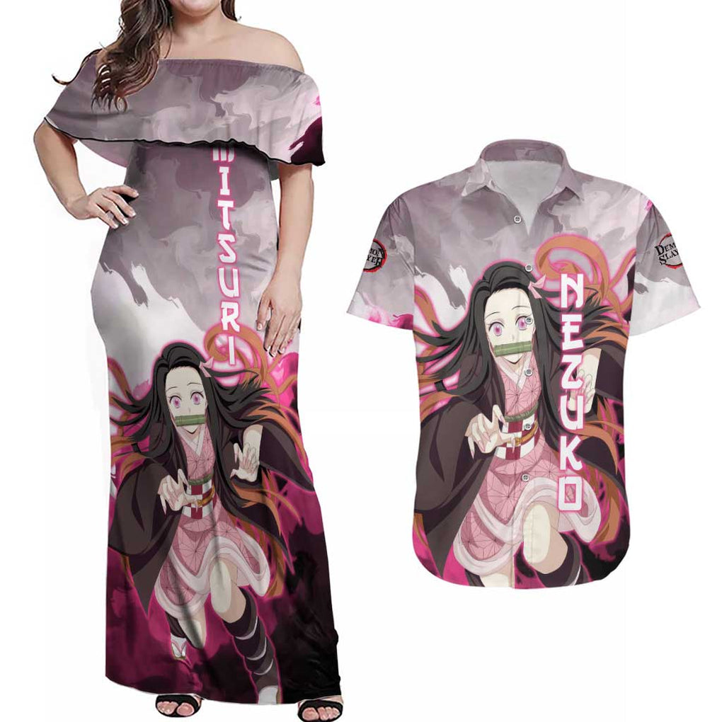 Nezuko - Demon Slayer Couples Matching Off Shoulder Maxi Dress and Hawaiian Shirt Anime Style