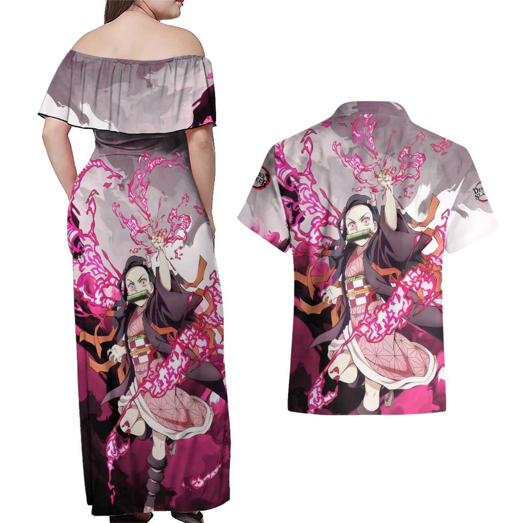 Nezuko - Demon Slayer Couples Matching Off Shoulder Maxi Dress and Hawaiian Shirt Anime Style