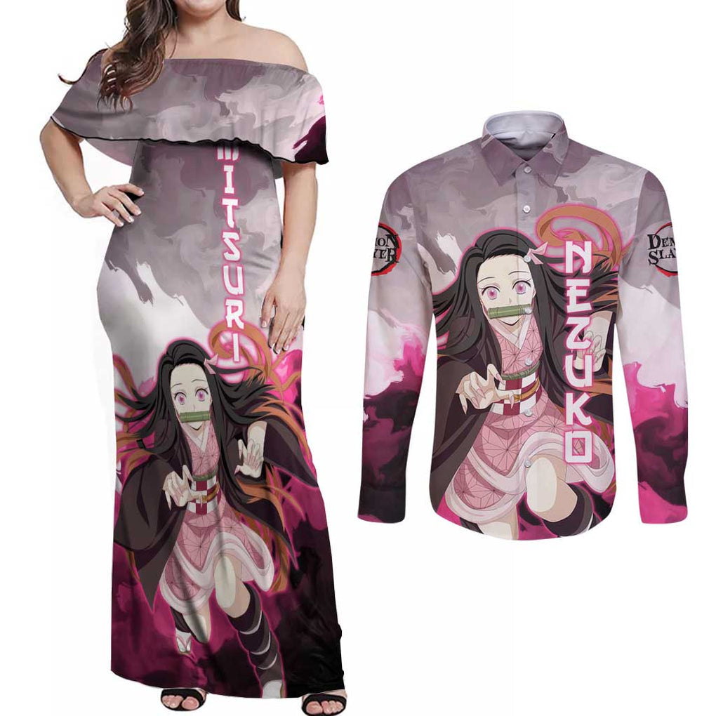 Nezuko - Demon Slayer Couples Matching Off Shoulder Maxi Dress and Long Sleeve Button Shirt Anime Style