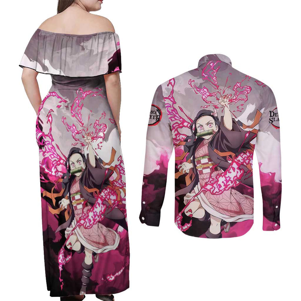 Nezuko - Demon Slayer Couples Matching Off Shoulder Maxi Dress and Long Sleeve Button Shirt Anime Style