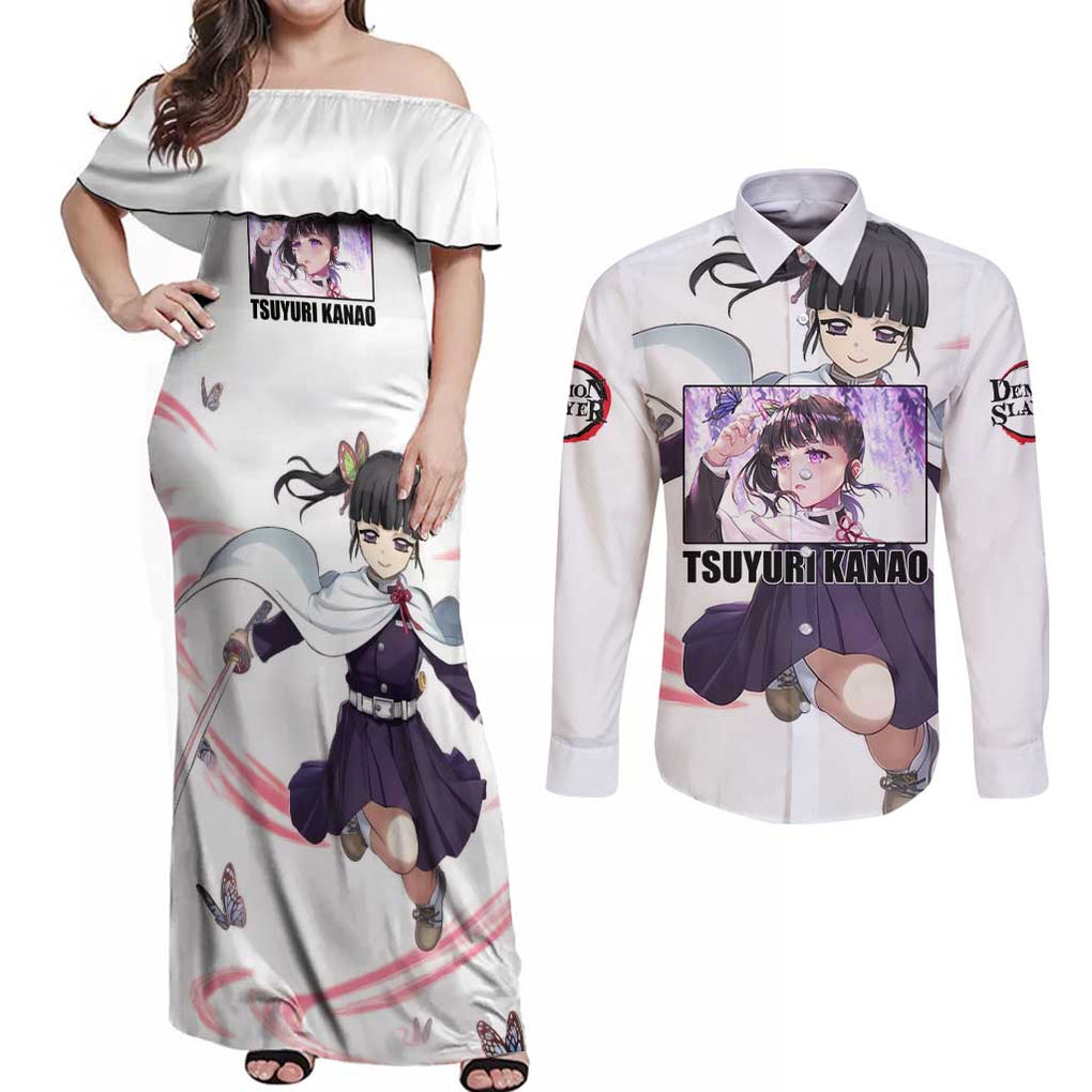 Kanao - Demon Slayer Couples Matching Off Shoulder Maxi Dress and Long Sleeve Button Shirt Anime Style