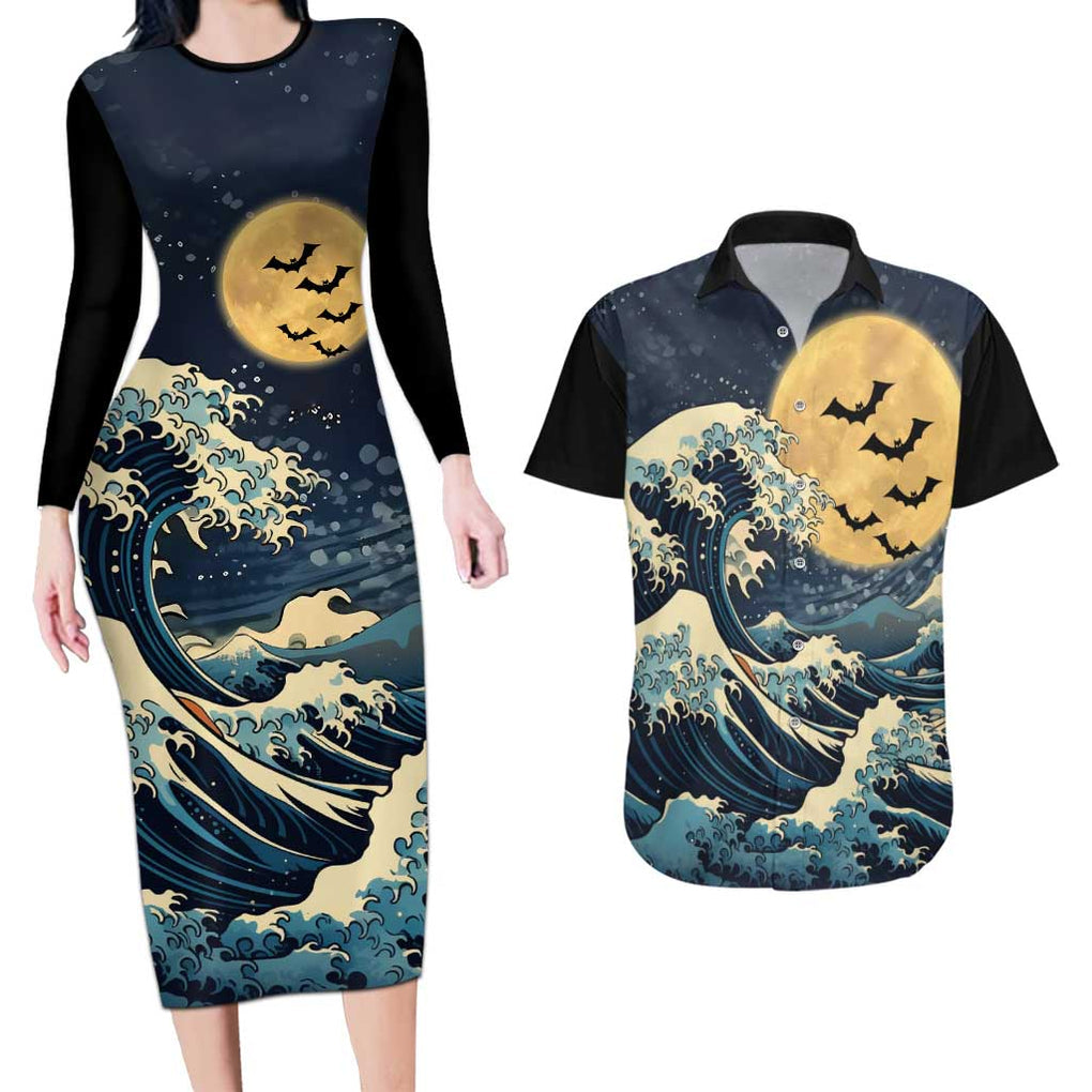 Kanagawa Wave Janpan Halloween Couples Matching Long Sleeve Bodycon Dress and Hawaiian Shirt Japan Art Style